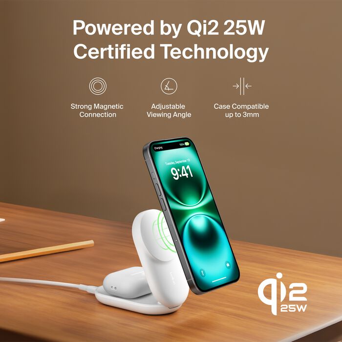 Belkin 25W UltraCharge Qi2 2-i-1 Trådløs lader - Hvit