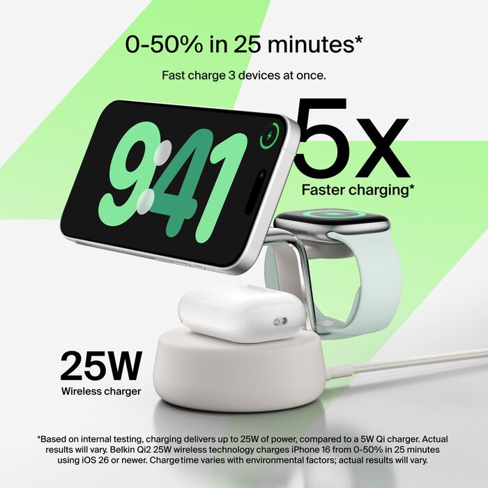 Belkin UltraCharge Pro 3-i-1 Qi2 Ladestativ - Sand